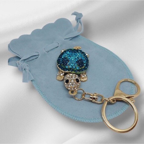 Blue and Gold Turtle Keychain/Purse Bag Charm With Velvet Bag - Picture 1 of 3